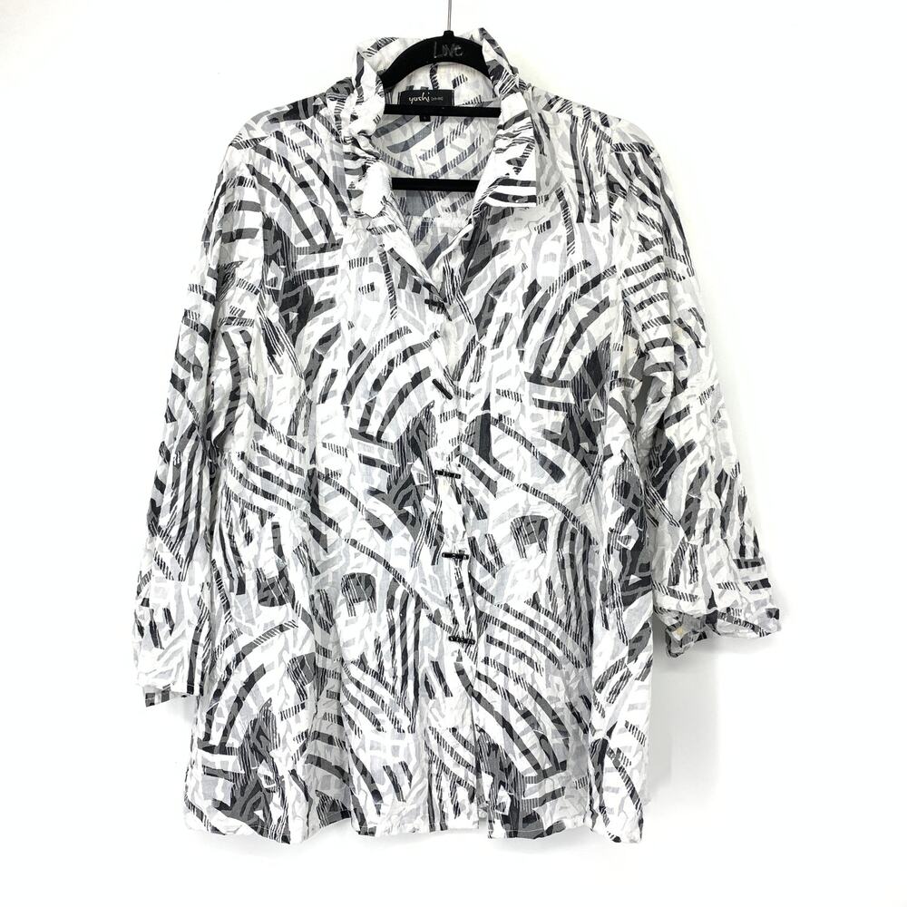 Yushi Shirt Womens Large White Black Crinkled Brushstroke Three-Quarter Sleeve